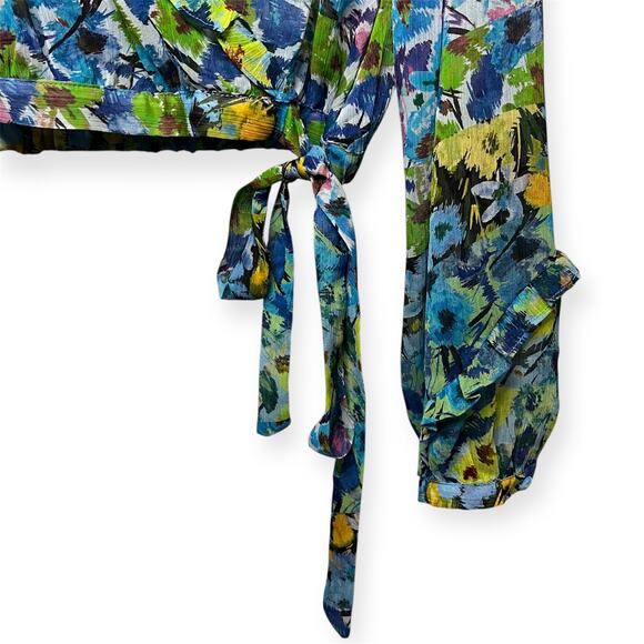 Zara Floral Ruffle Wrap Blouse Long Sleeve Sheer Tie Front Crop Top Boho Sz L - Picture 5 of 9